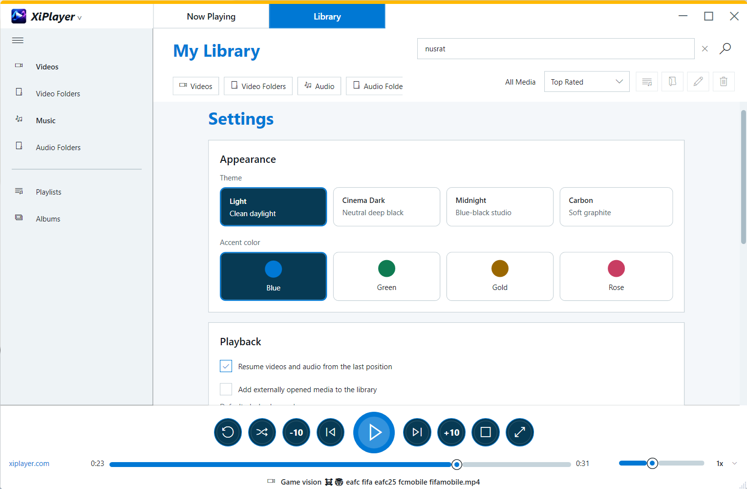 XiPlayer desktop theme settings